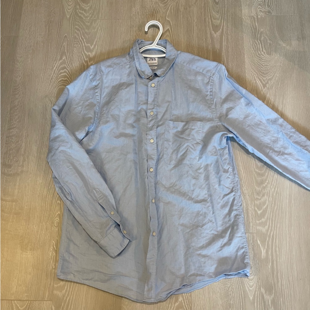 Zara Men’s Linen Button Down Shirt, Light Blue size Large - Picture 2 of 13